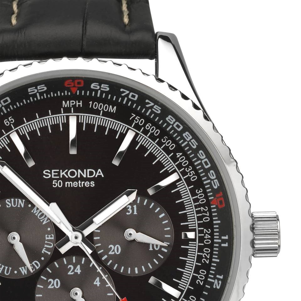 Sekonda 1216.27 Multi Dial Black Leather Strap Watch W31109
