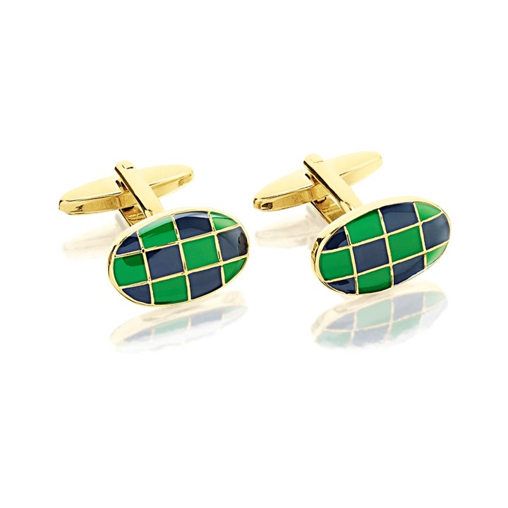 Gold Tone Green And Navy Enamel Chequerboard Cufflinks - A53167