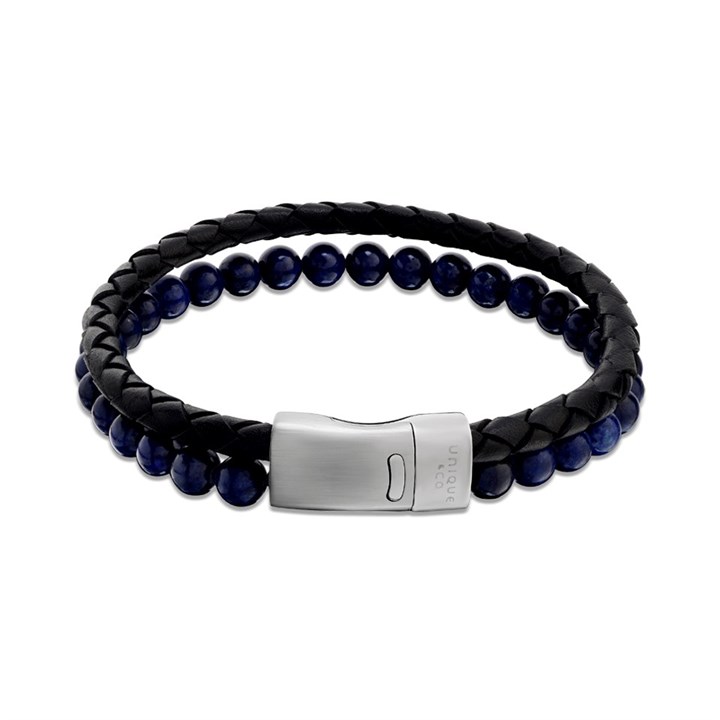 Unique Black Leather Blue Stone Beads Bracelet - A73134