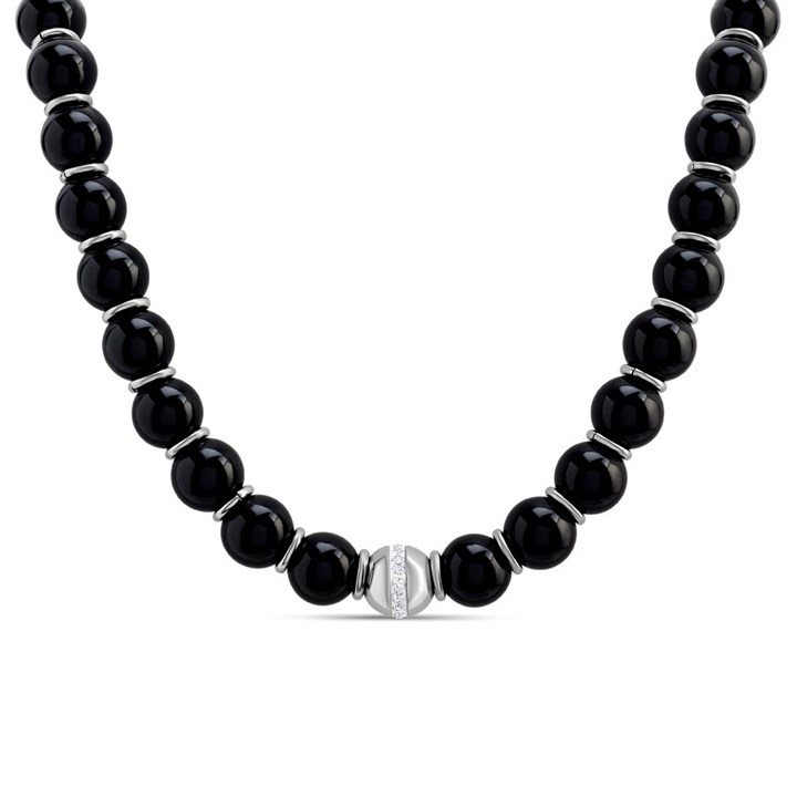 Unique  Black Agate Necklace With Steel And Crystal Elements - A7421