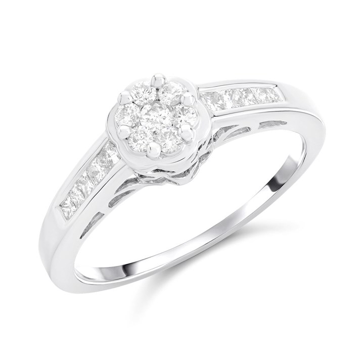 18ct White Gold Invisible-Set Diamond Cluster Ring, 1/2ct - D1322