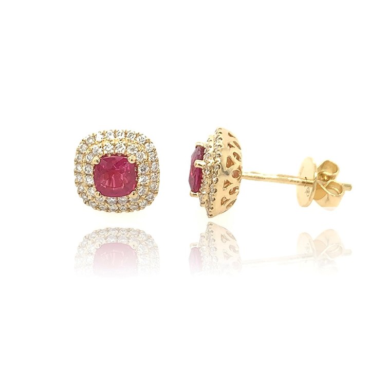 18ct Gold Ruby And Diamond Cluster Stud Earrings - 28pts per pair - D4558