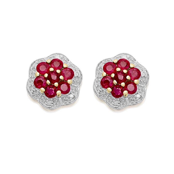 9ct Gold Ruby And Diamond Flower Cluster Stud Earrings - D54127