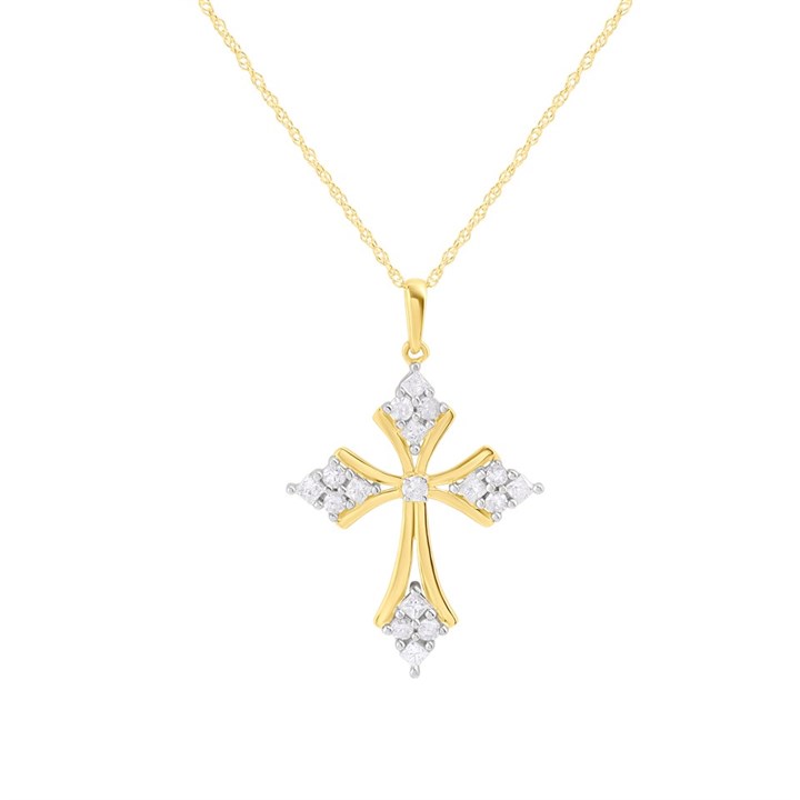 9ct Gold Diamond-Set Cross And Chain, 1/3 carat - D56168