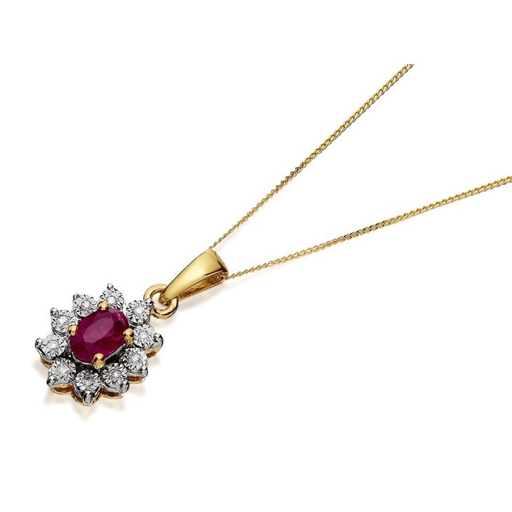 9ct Gold Ruby Diamond Cluster Necklace - 5pts - D5622