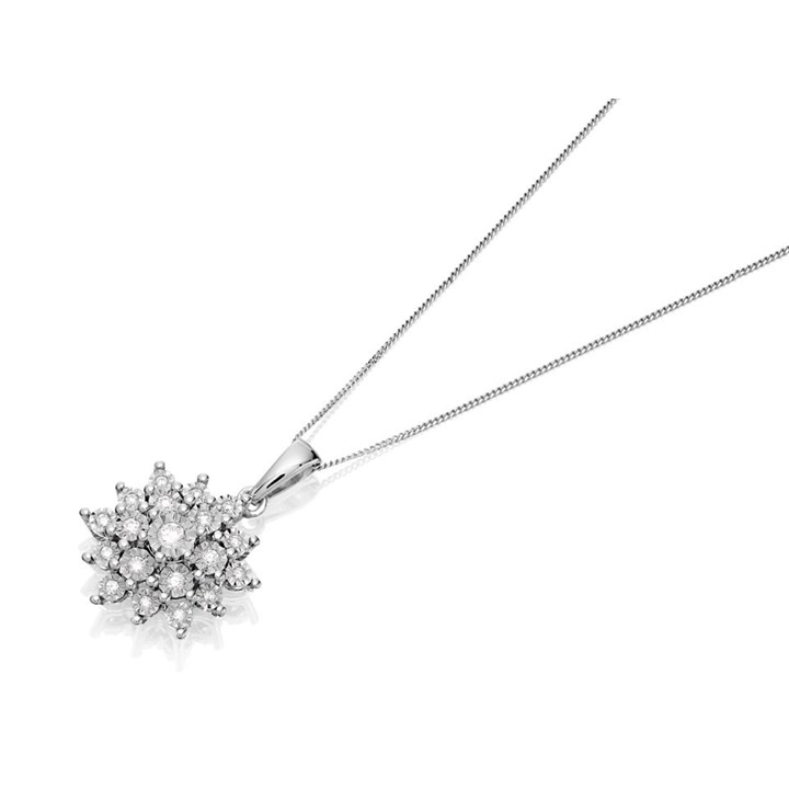 9ct White Gold Diamond Cluster Necklace - 14pts - D5645
