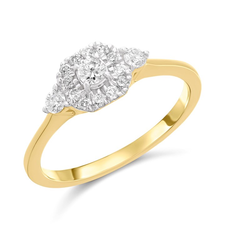 9ct Cushion Cluster Diamond Trilogy Ring - D5932