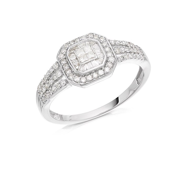 9ct White Gold Diamond Belt Buckle Cluster Ring - 1/2ct - D6306