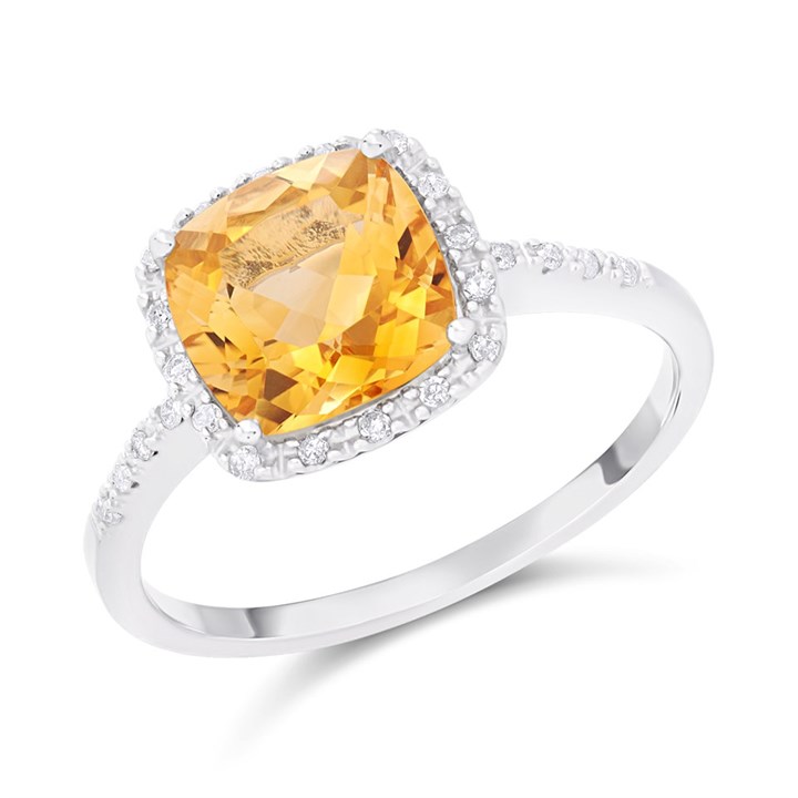 9ct White Gold Cushion Citrine And Diamond Cluster Ring - 10pts - D63159