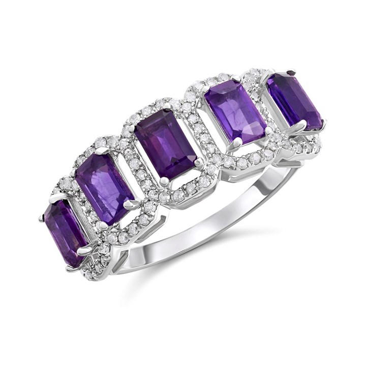 9ct White Gold Amethyst And Diamond Band Ring - 1/4ct - D63180