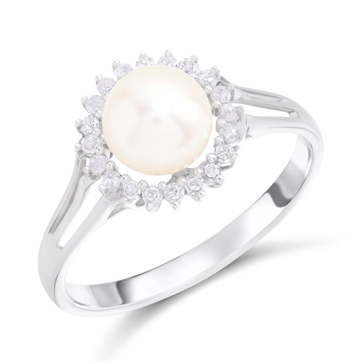 9ct White Gold Freshwater Pearl And Diamond Cluster Ring - D63192