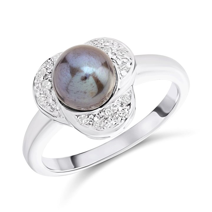 9ct White Gold Grey Freshwater Pearl And Diamond Cluster Ring - D63193
