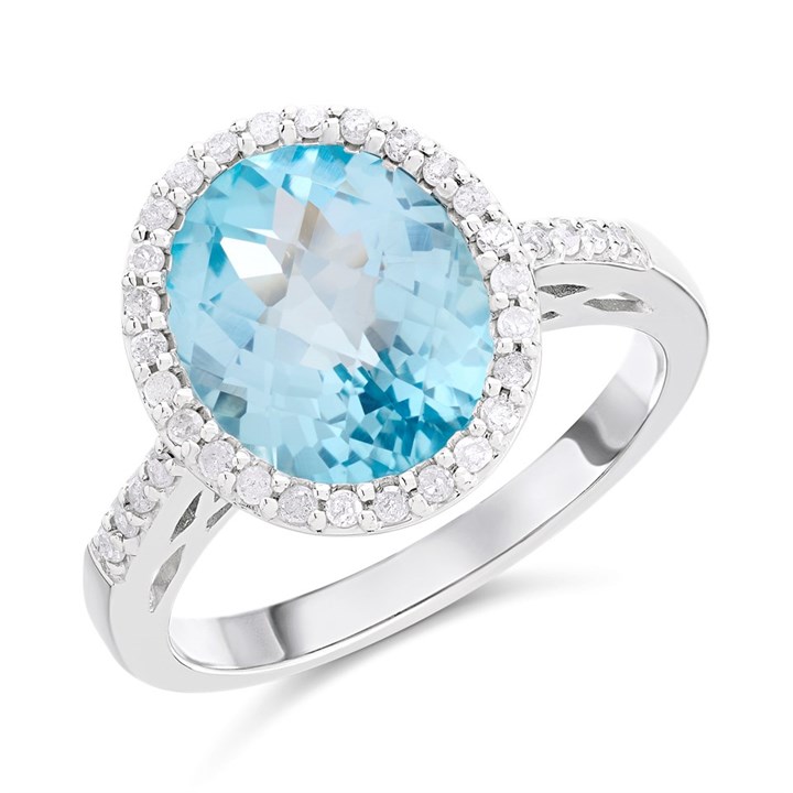 9ct White Gold Oval Blue Topaz And Diamond Cluster Ring, 23pts - D63197