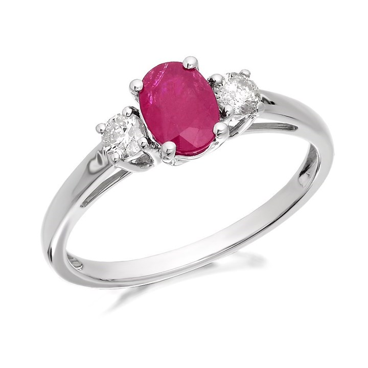 9ct White Gold Ruby And Diamond Trilogy Ring - 1/4ct - D6356