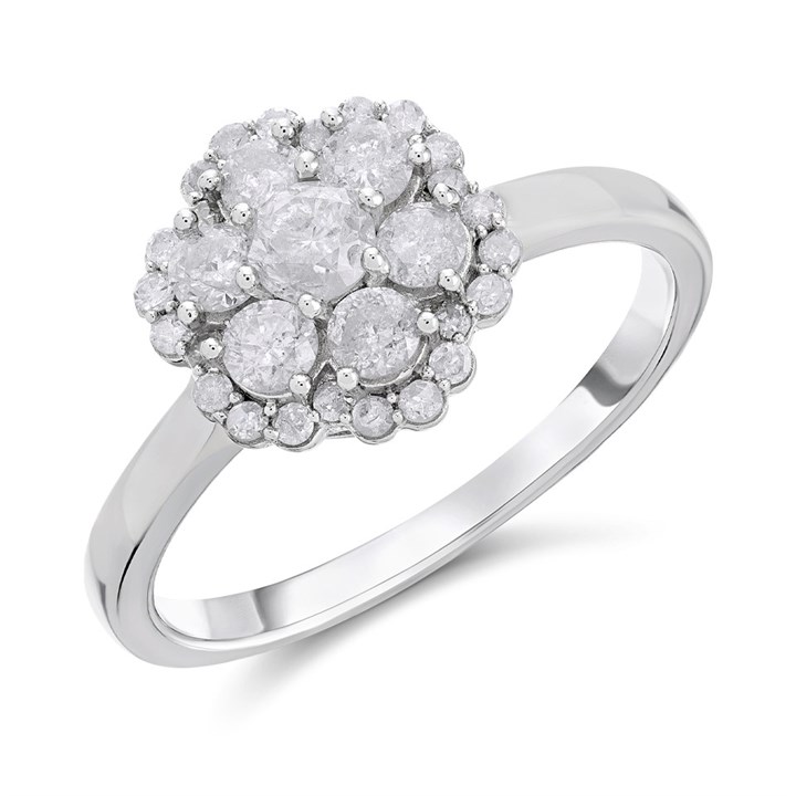 9ct White Gold Diamond Daisy Cluster Ring - 3/4ct - D66145