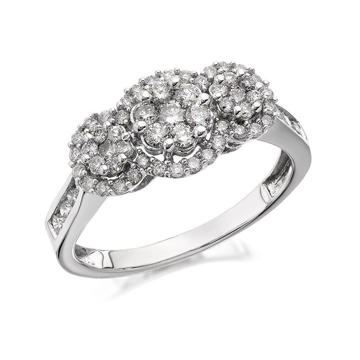9ct White Gold 1 Carat Diamond Trilogy Cluster Ring - D6803