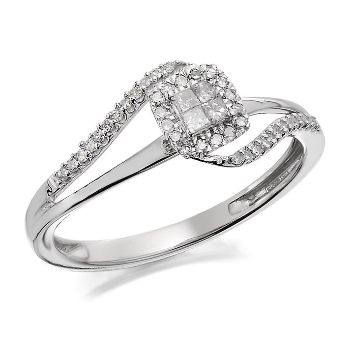 9ct White Gold Diamond Twist Cluster Ring - 20pts - D71142
