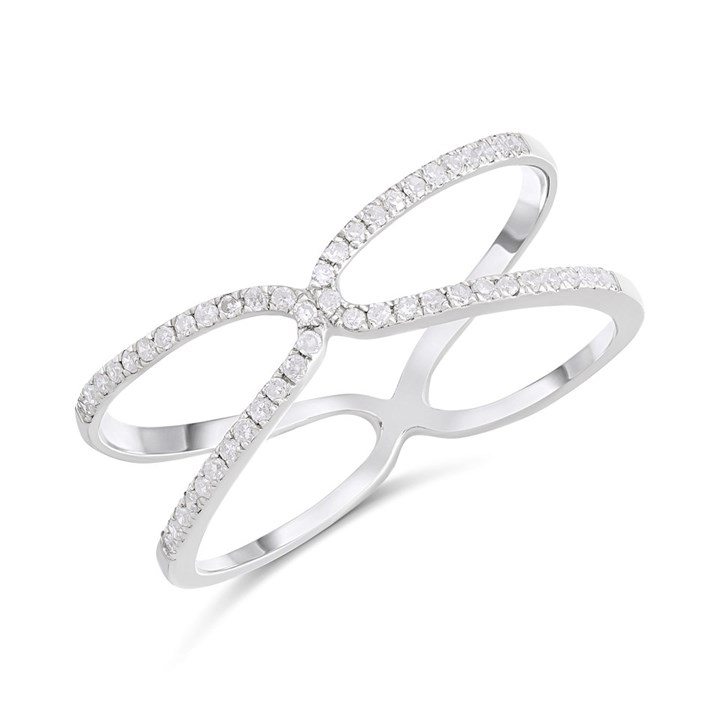 9ct White Gold Wide Open Diamond Crossover Ring, 15pts - D72149