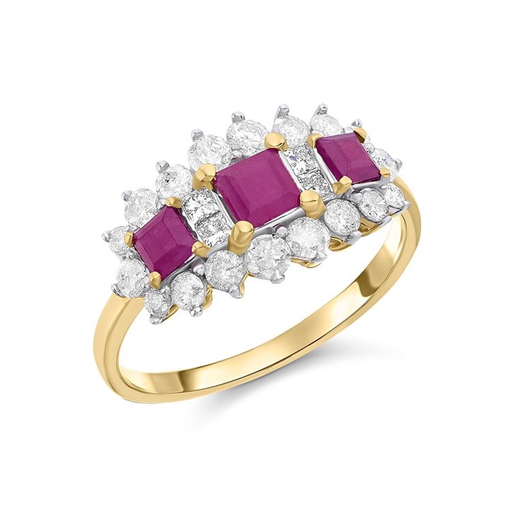 9ct Gold Triple Ruby And Diamond Cluster Ring - 3/4ct - D7325