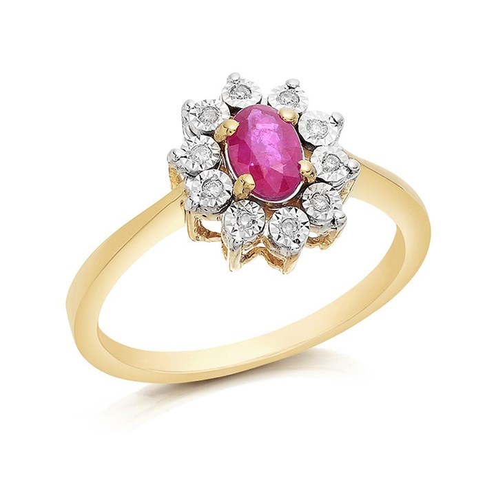 9ct Gold Ruby And Diamond Cluster Ring - 5pts - D7416