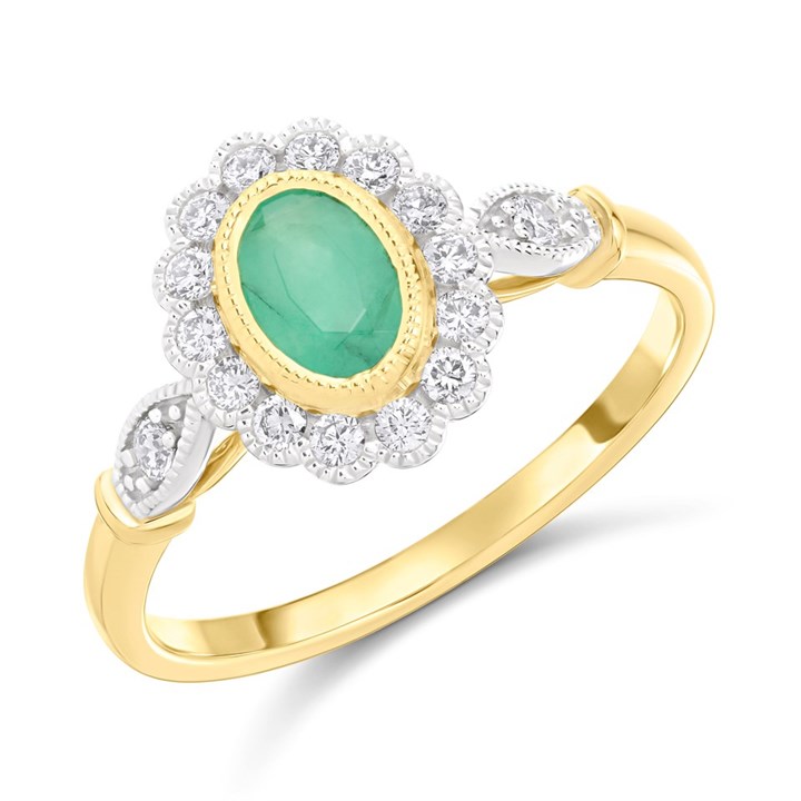 9ct Oval Emerald And Diamond Cluster Ring, 1/4ct - D7637