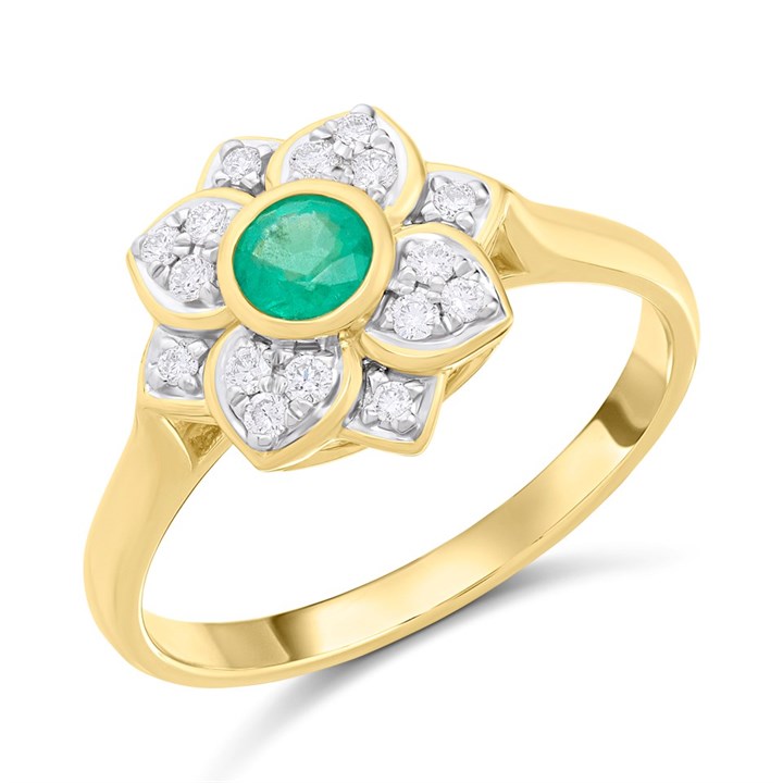9ct Emerald And Diamond Round Cluster Ring - D7641