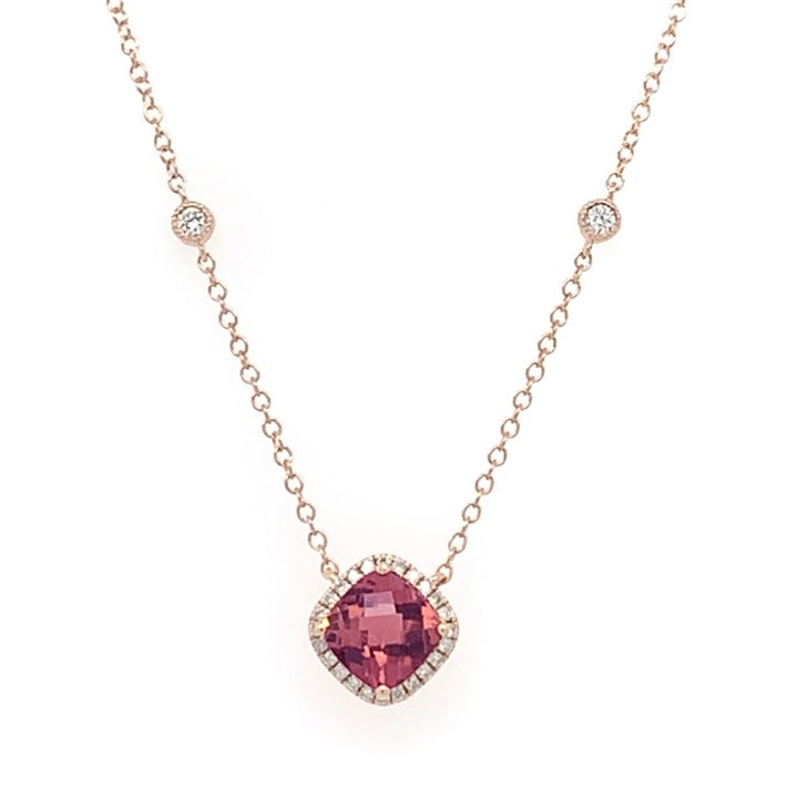 9ct Rose Gold Pink Tourmaline And Diamond Necklace - 17pts - D7856