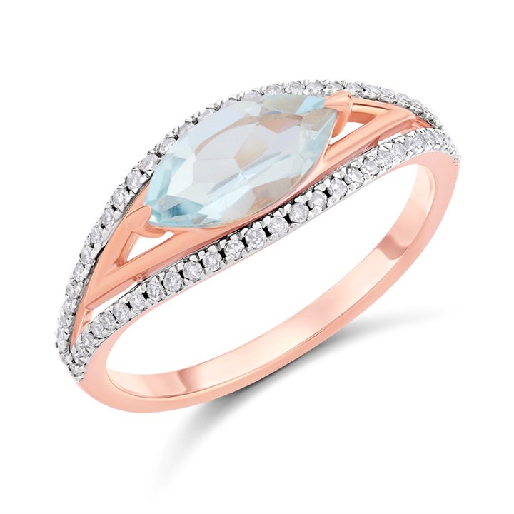 9ct Rose Gold Transverse Blue Topaz And Diamond Cluster Ring - D7860