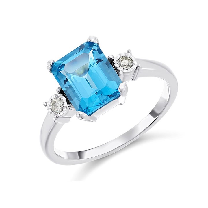 9ct White Gold Blue Topaz And Diamond Trilogy Ring - 6pts - D7921