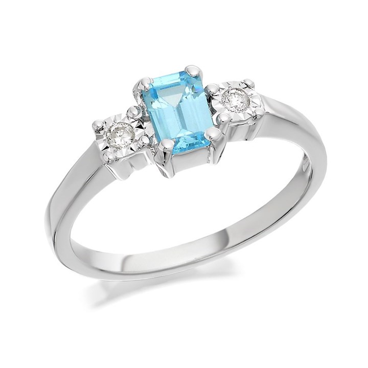 9ct White Gold Blue Topaz And Diamond Trilogy Ring - 6pts - D7943
