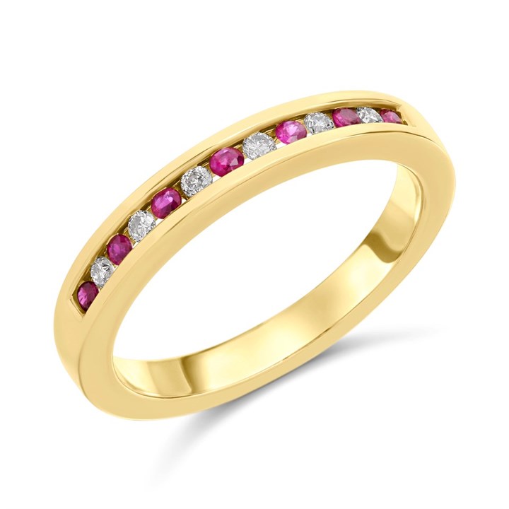 9ct Channel-Set Ruby And Diamond Half-Eternity Ring - D8245