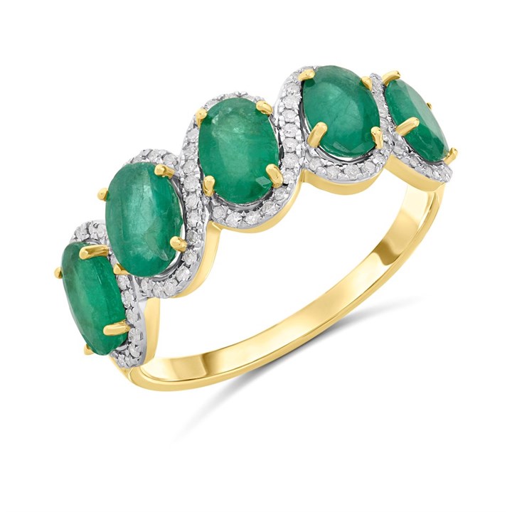 9ct Emerald And Diamond Half Hoop Ring, 20pts - D8273