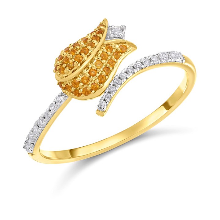 9ct Citrine Flower And Diamond Crossover Ring - D8328