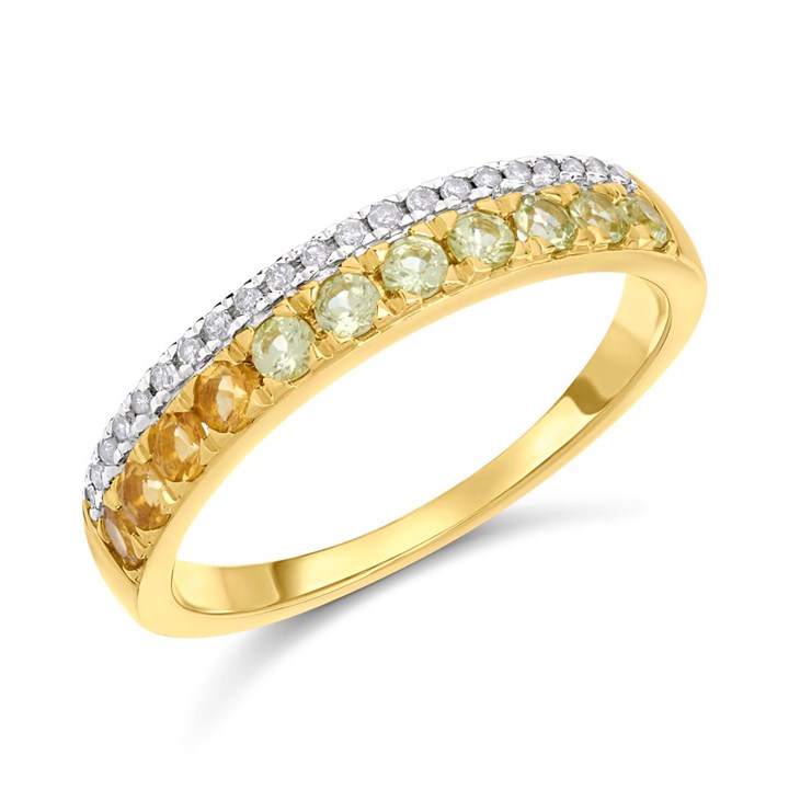 9ct Two Row Citrine, Peridot And Diamond Half Eternity Ring - D8329