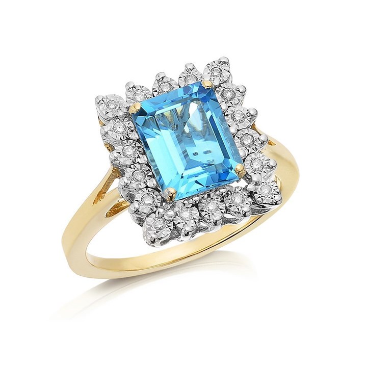 9ct Gold Blue Topaz And Diamond Cluster Ring - 10pts - D8420