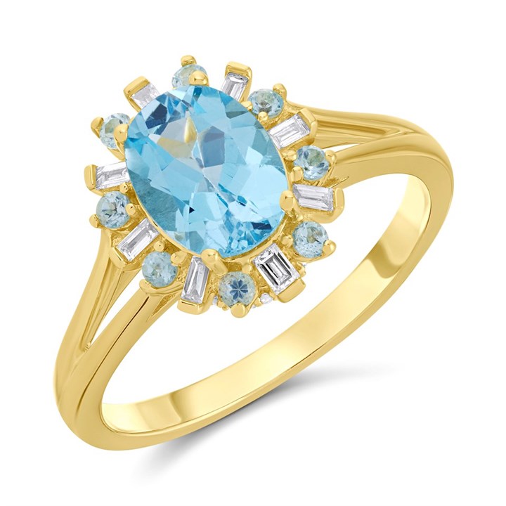 9ct Gold Blue Topaz And Diamond Cluster Ring - 10pts - D8475