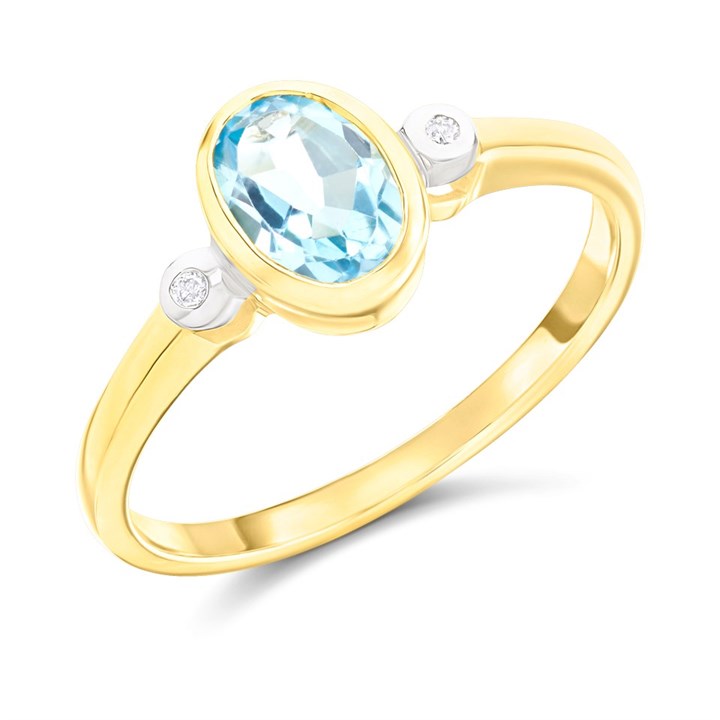 9ct Gold Rubover-Set Blue Topaz And Diamond Ring - D8481