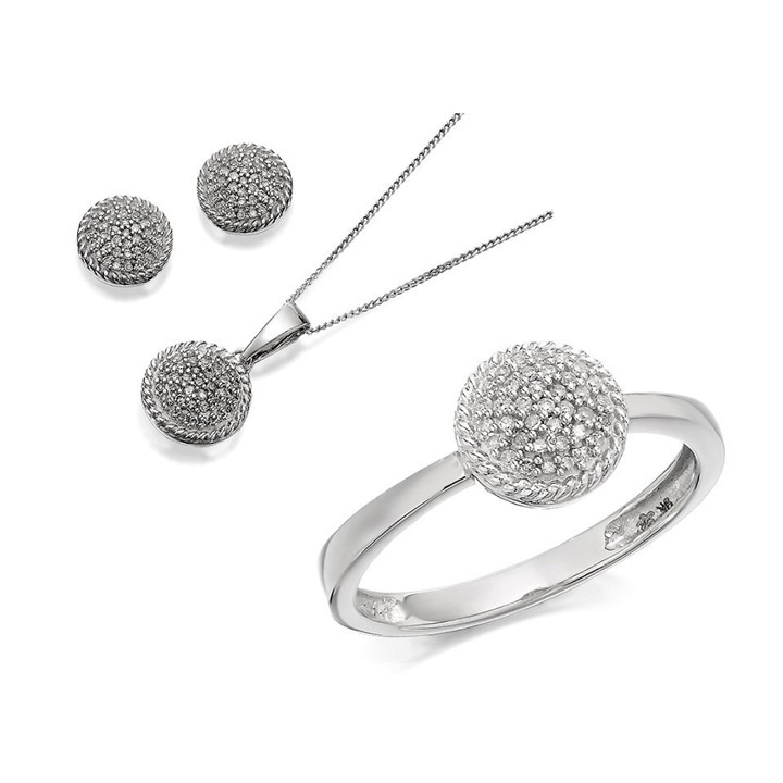 9ct White Gold Diamond Cluster Ring, Earrings And Necklace Gift Set - 1/4ct - D8607