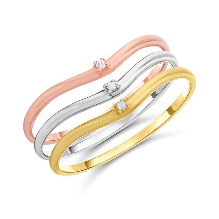 9ct Three Colour Diamond-Set Three Wave Rings - D8616