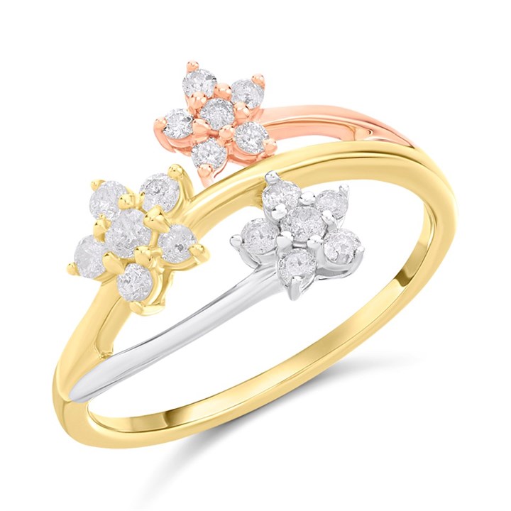 9ct 3-Colour Triple Diamond-Set Flower Cluster Ring, 1/3ct - D8617