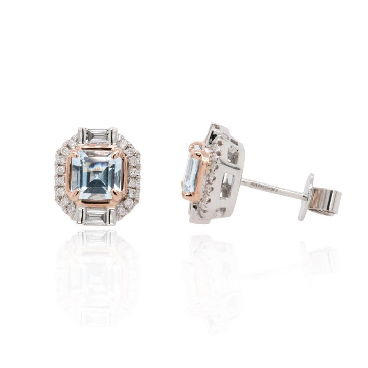 9ct Two Colour Gold Aquamarine And Diamond Stud Earrings - 1/4ct per pair - D94111