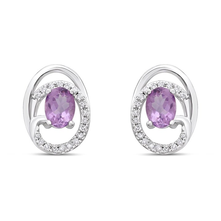 9ct White Gold Amethyst And Diamond Swirl Earrings - D94124