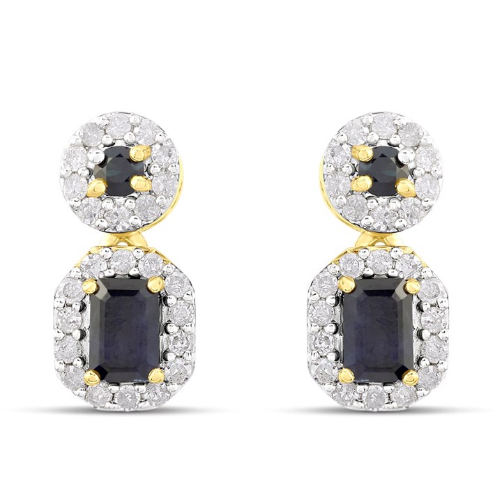 9ct Sapphire And Diamond Double Cluster Drop Earrings - D94131