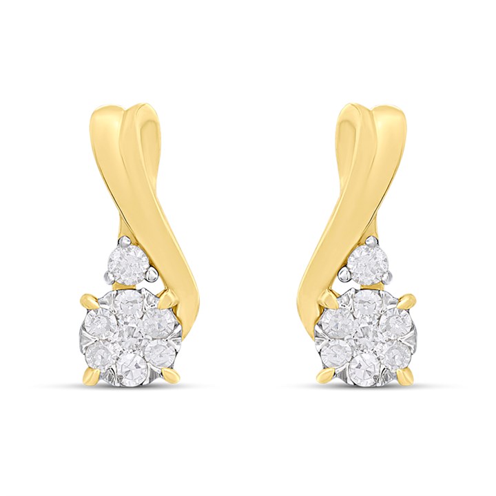 9ct Gold Diamond-Set Swirl Cluster Stud Earrings - D94176