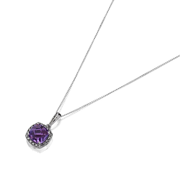 9ct White Gold Cushion Amethyst And Diamond Necklace 10pts - D95119