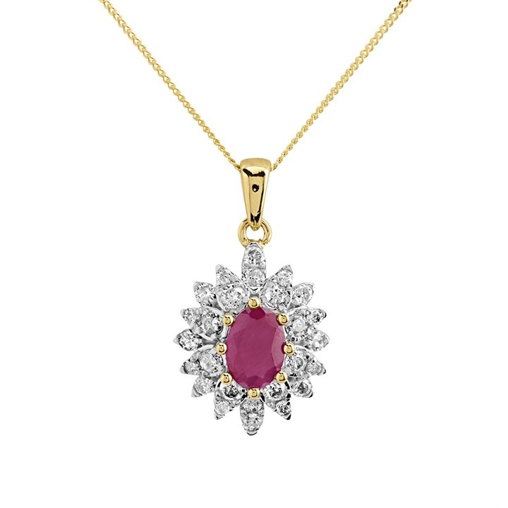 9ct Gold Ruby And Diamond Cluster Necklace - 55pts - D95145