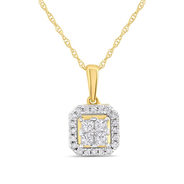 9ct Gold Square Princess Cut Centred Diamond Cluster Necklace- 1/4 carat - D95162