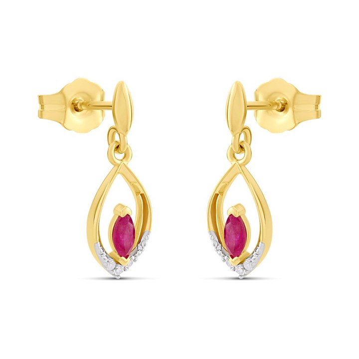 9ct Gold Marquise Ruby And Diamond Drop Earrings - D96108