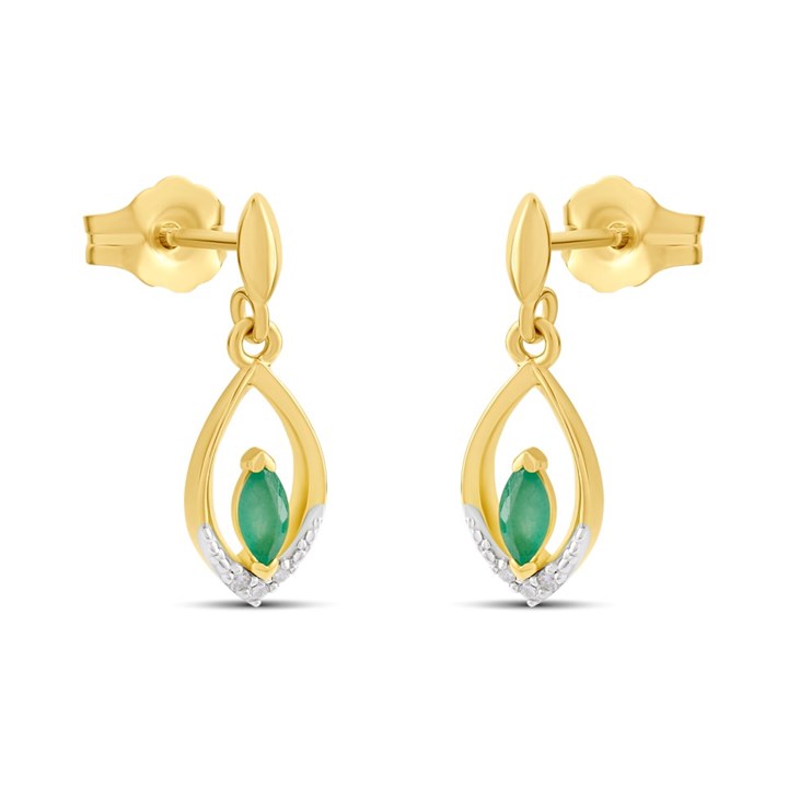9ct Gold Marquise Emerald And Diamond Drop Earrings - D96109