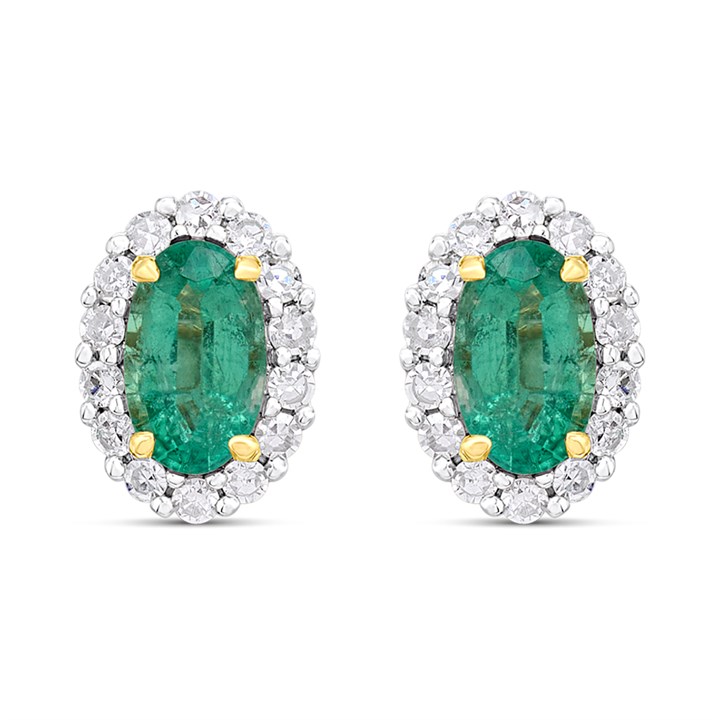 9ct Oval Emerald And Diamond Cluster Stud Ring - D96119